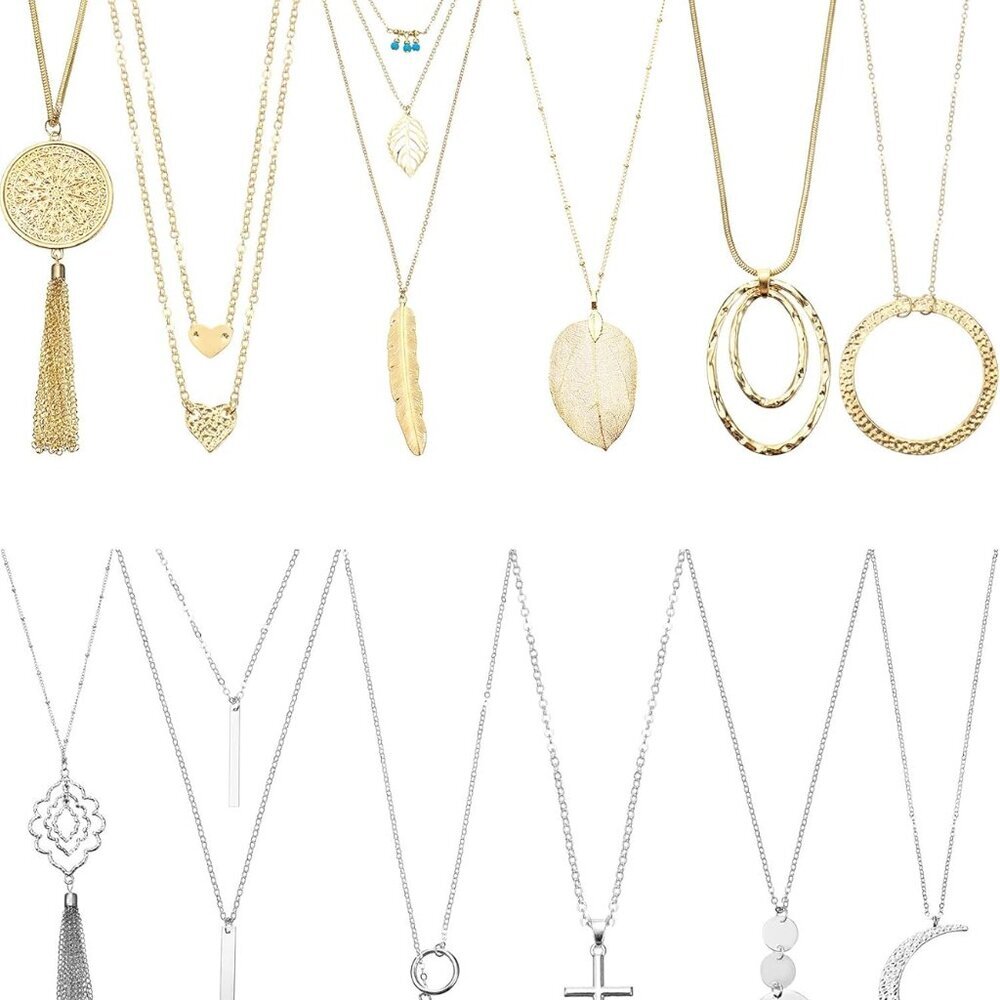 12 Pieces Long Pendant Necklace Set Y Tassel Leaf Circle Bar Necklace for Women
